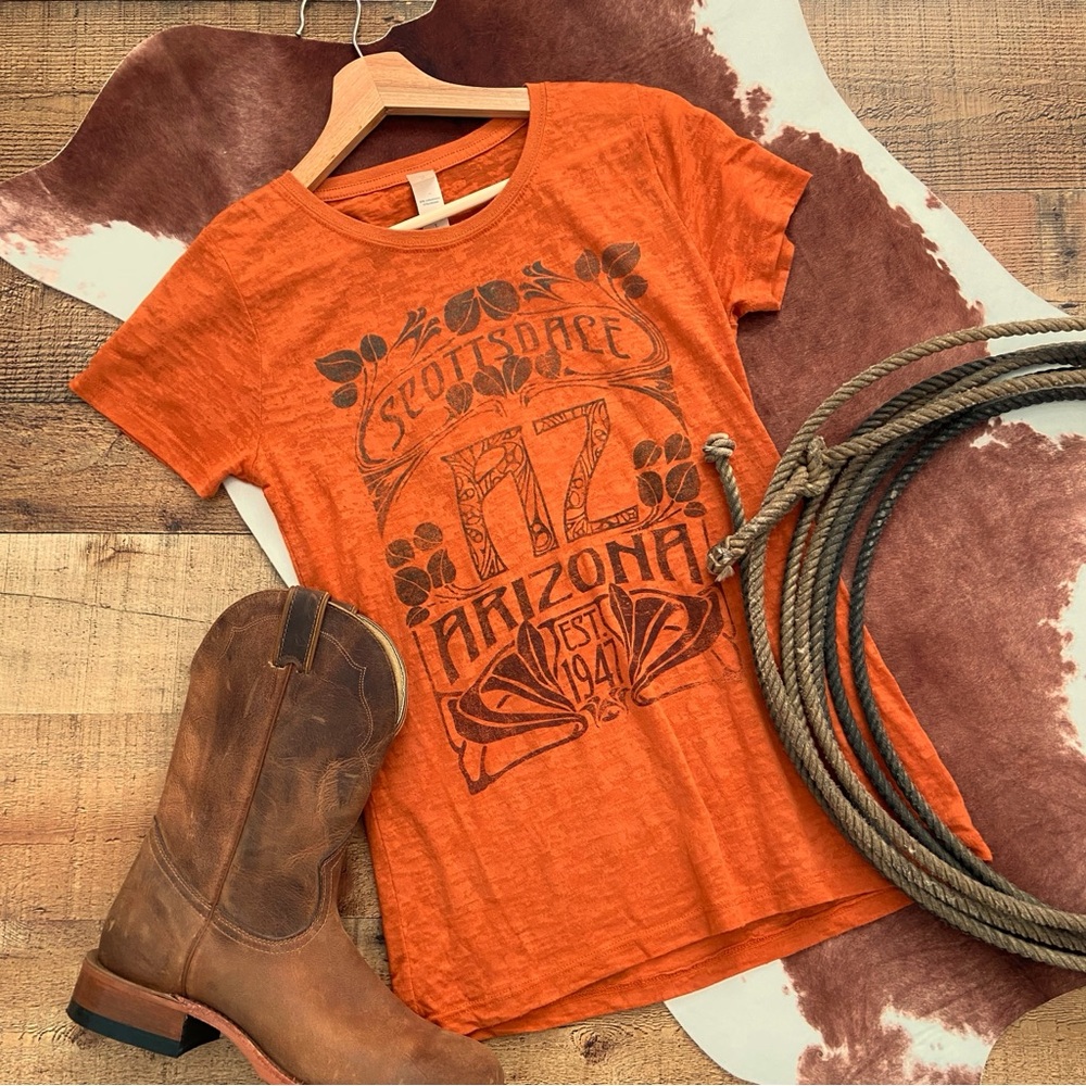 T Shirt Tee Western Burnout Tee in Rust Scottsdale Arizona Graphic